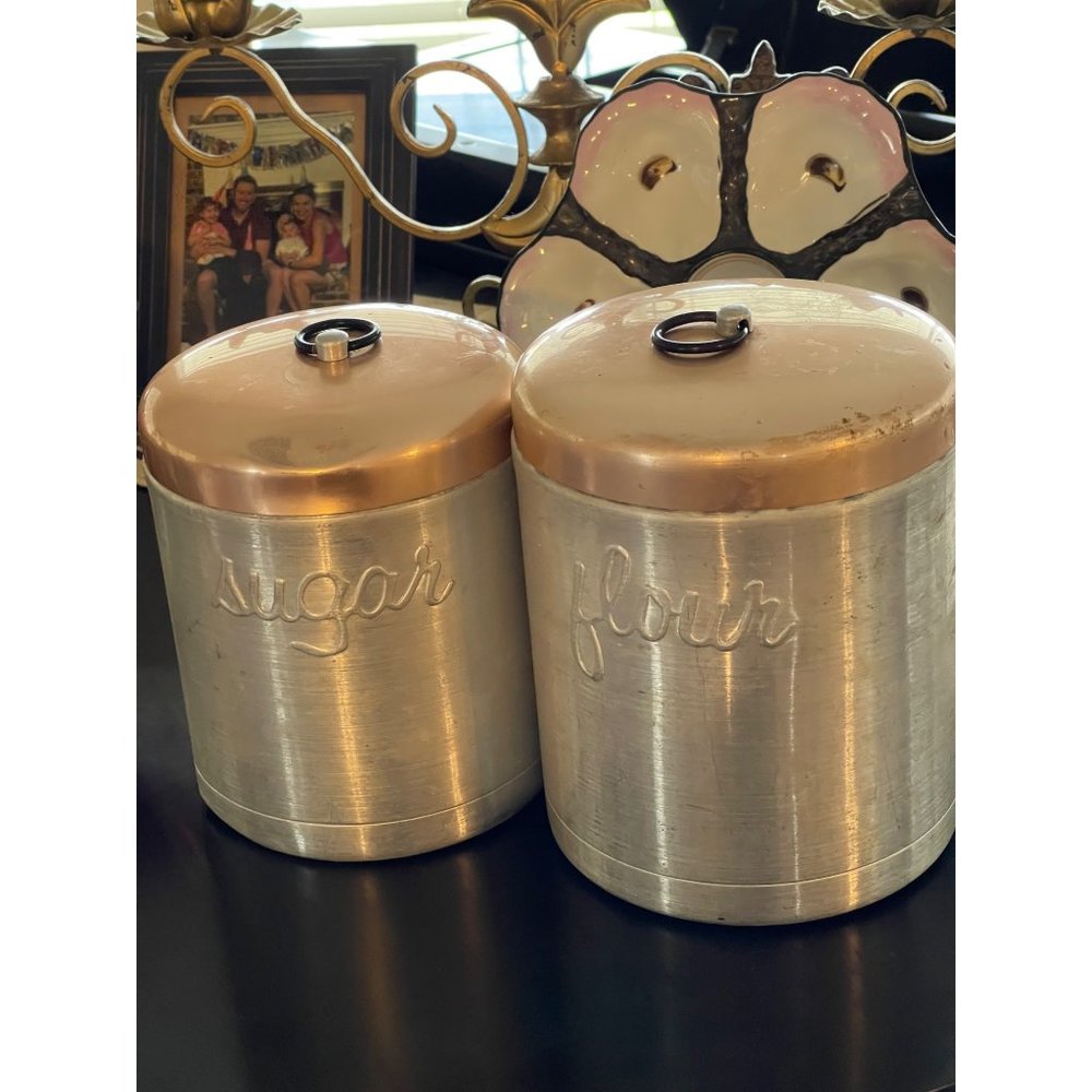 Heller Hostess Ware Aluminum Canisters PINK/PEACH LID FLOUR SUGAR PULL RING